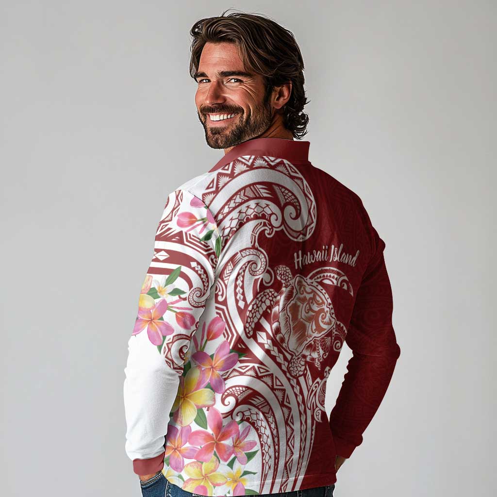 Aloha Hawaii Island Personalized Long Sleeve Polo Shirt Crimson Dreamy Turtle