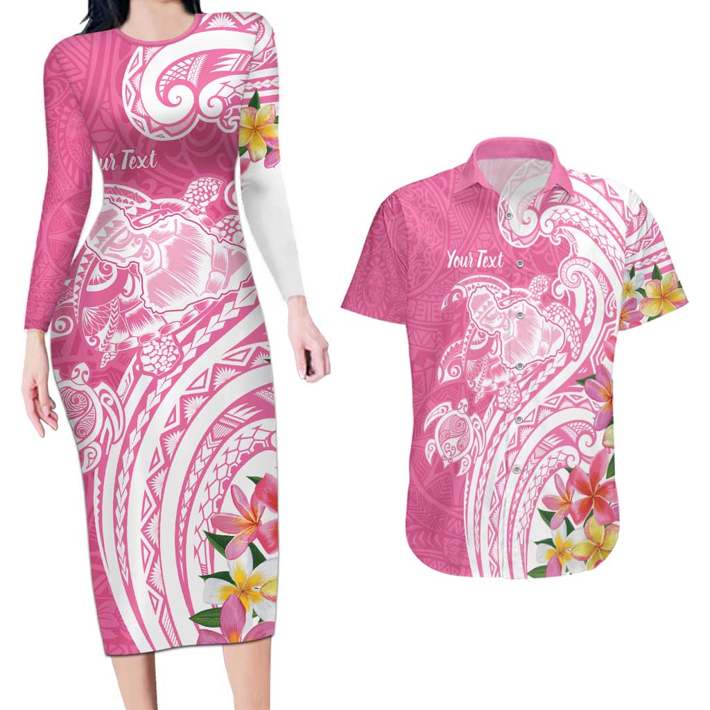Aloha Maui Island Personalized Couples Matching Long Sleeve Bodycon Dress and Hawaiian Shirt Rose Dreamy Turtle