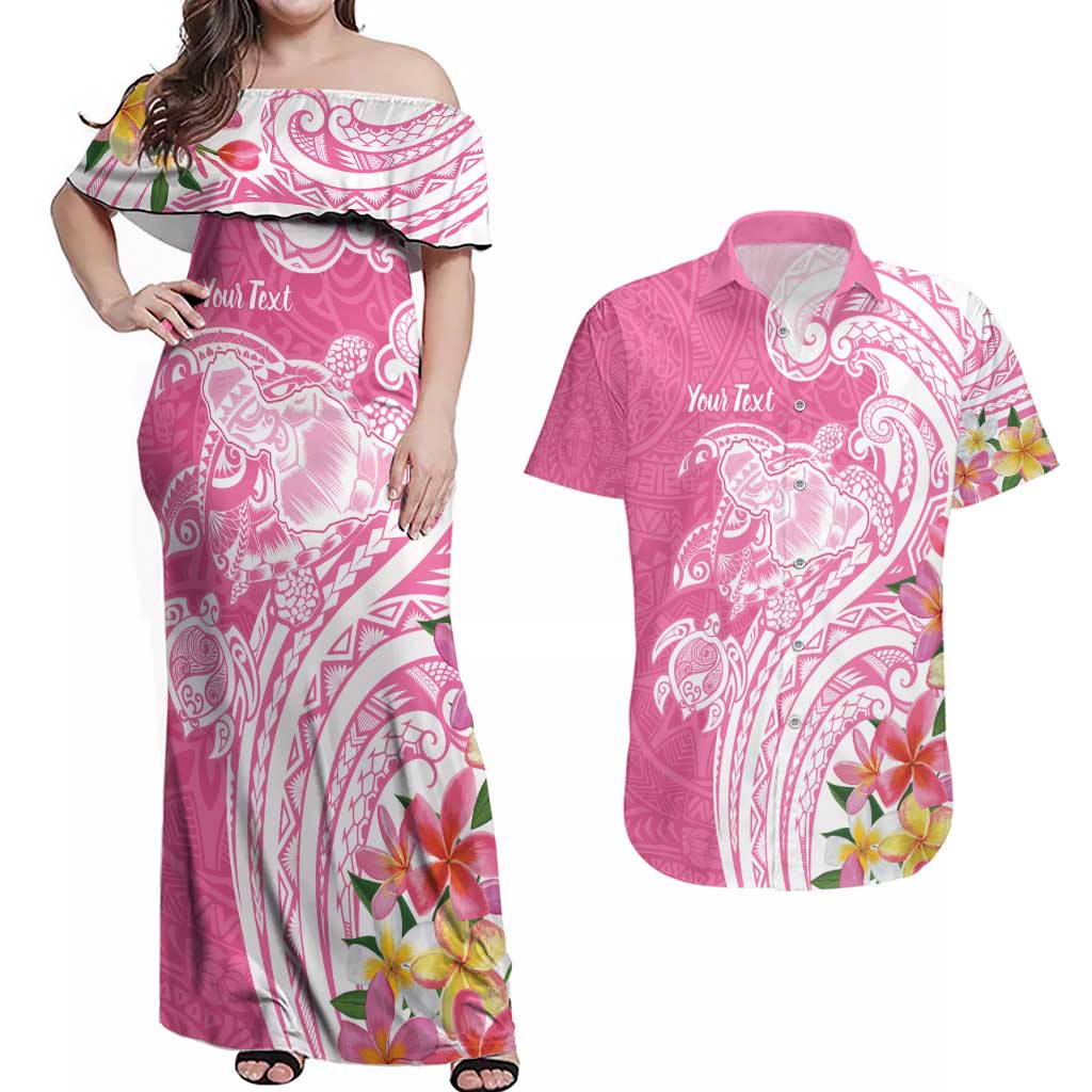 Aloha Maui Island Personalized Couples Matching Off Shoulder Maxi Dress and Hawaiian Shirt Rose Dreamy Turtle