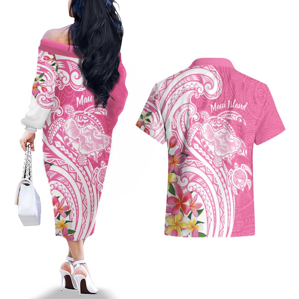 Aloha Maui Island Personalized Couples Matching Off The Shoulder Long Sleeve Dress and Hawaiian Shirt Rose Dreamy Turtle