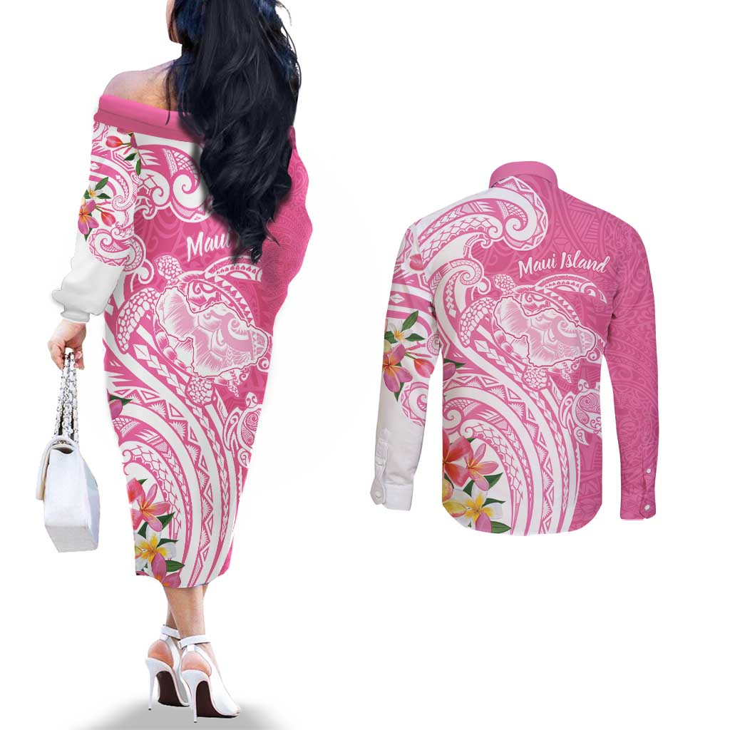 Aloha Maui Island Personalized Couples Matching Off The Shoulder Long Sleeve Dress and Long Sleeve Button Shirt Rose Dreamy Turtle