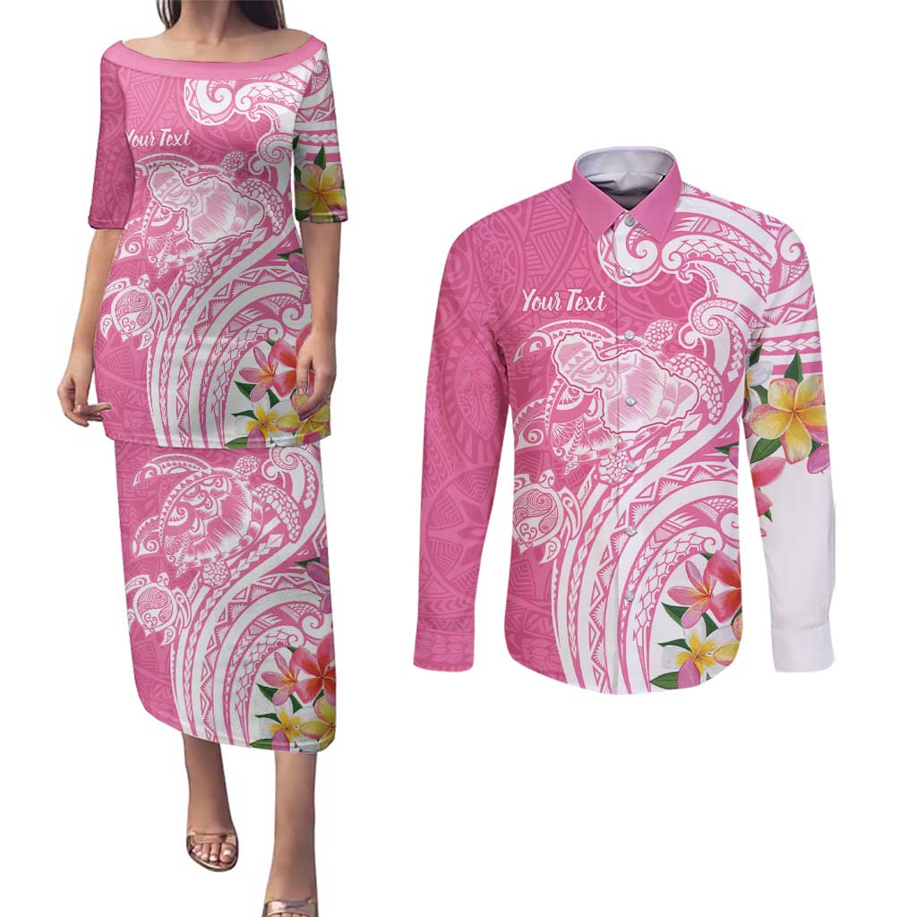 Aloha Maui Island Personalized Couples Matching Puletasi and Long Sleeve Button Shirt Rose Dreamy Turtle