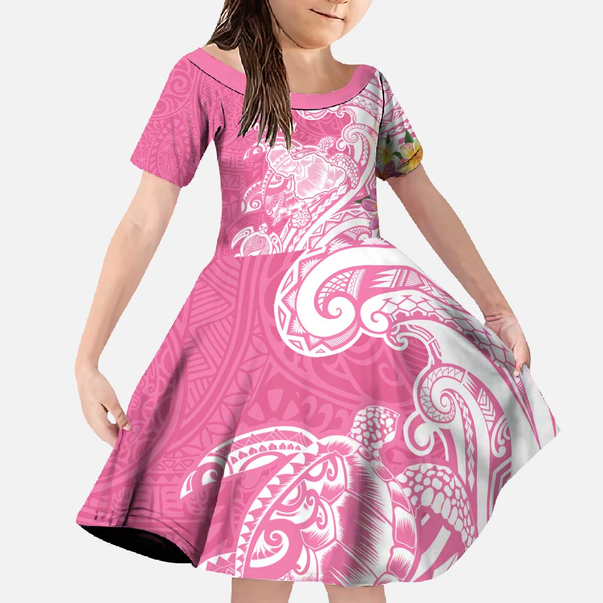 Aloha Maui Island Personalized Family Matching Off The Shoulder Long Sleeve Dress and Hawaiian Shirt Rose Dreamy Turtle LT7 Daughter's Dress Rose Pink - Polynesian Pride