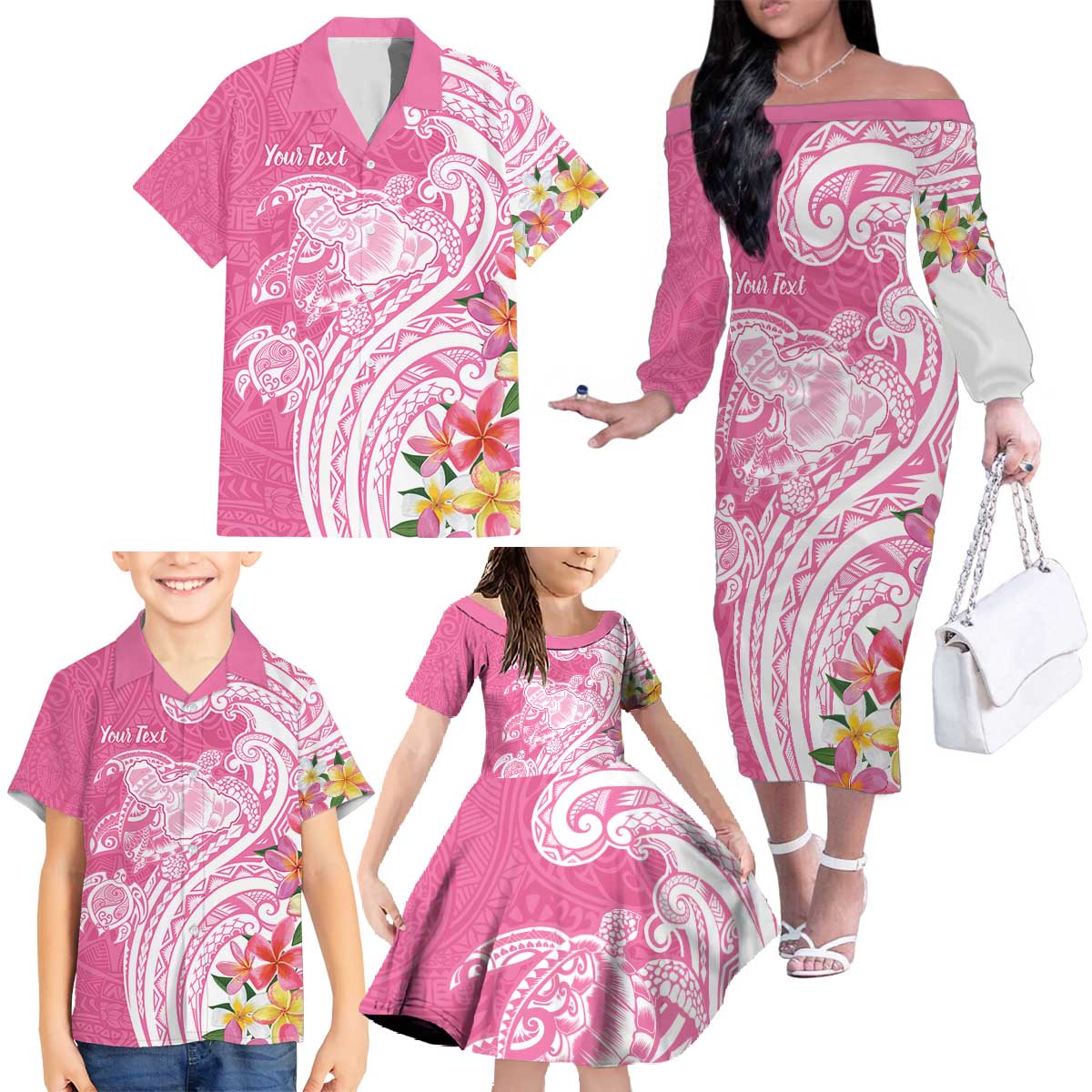 Aloha Maui Island Personalized Family Matching Off The Shoulder Long Sleeve Dress and Hawaiian Shirt Rose Dreamy Turtle LT7 - Polynesian Pride