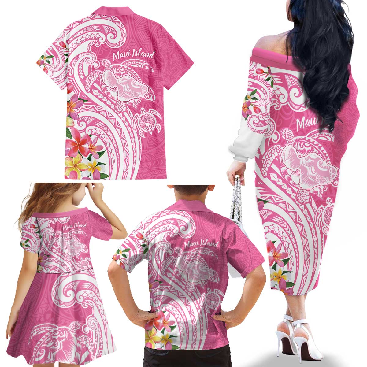 Aloha Maui Island Personalized Family Matching Off The Shoulder Long Sleeve Dress and Hawaiian Shirt Rose Dreamy Turtle LT7 - Polynesian Pride