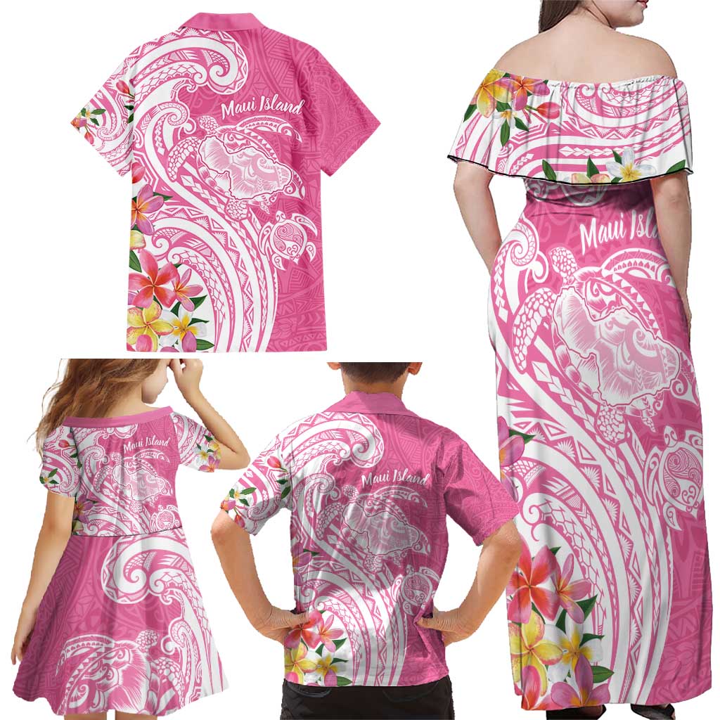 Aloha Maui Island Personalized Family Matching Off Shoulder Maxi Dress and Hawaiian Shirt Rose Dreamy Turtle