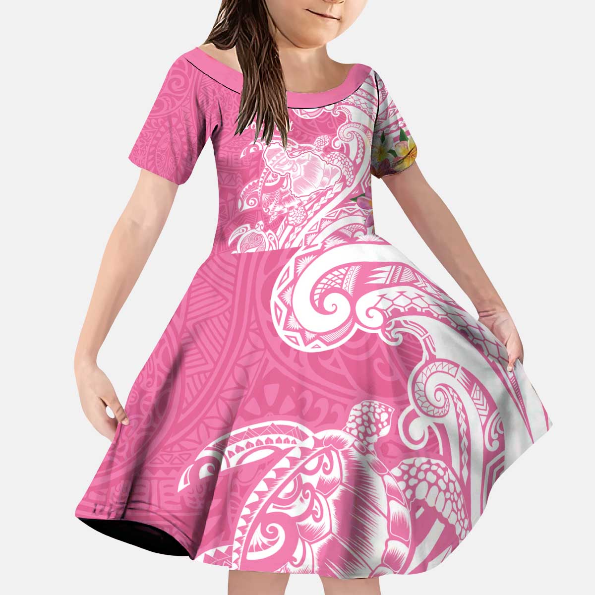 Aloha Maui Island Personalized Kid Short Sleeve Dress Rose Dreamy Turtle LT7 KID Rose Pink - Polynesian Pride