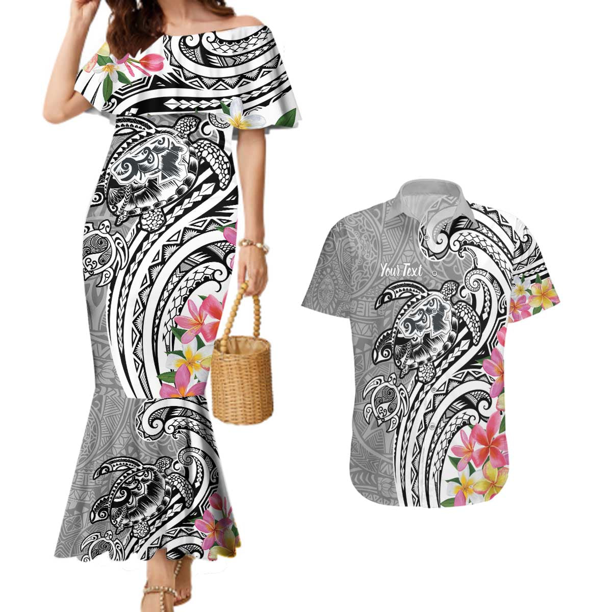 Aloha Kahoolawe Island Personalized Couples Matching Mermaid Dress and Hawaiian Shirt Ashen Dreamy Turtle