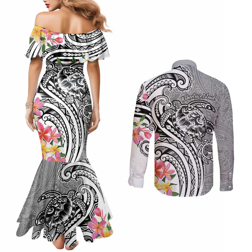 Aloha Kahoolawe Island Personalized Couples Matching Mermaid Dress and Long Sleeve Button Shirt Ashen Dreamy Turtle