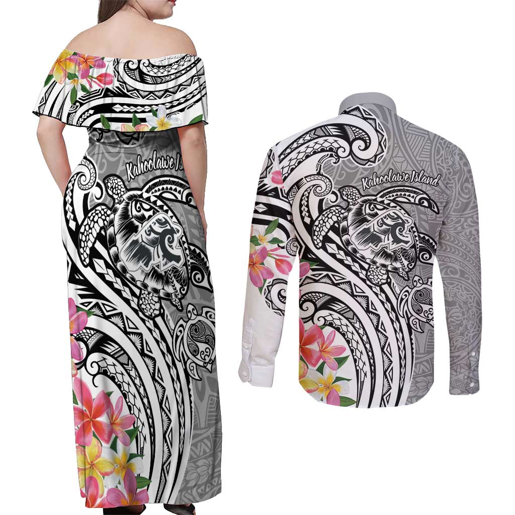 Aloha Kahoolawe Island Personalized Couples Matching Off Shoulder Maxi Dress and Long Sleeve Button Shirt Ashen Dreamy Turtle