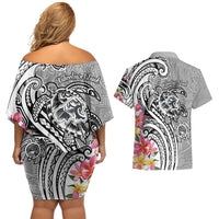 Aloha Kahoolawe Island Personalized Couples Matching Off Shoulder Short Dress and Hawaiian Shirt Ashen Dreamy Turtle