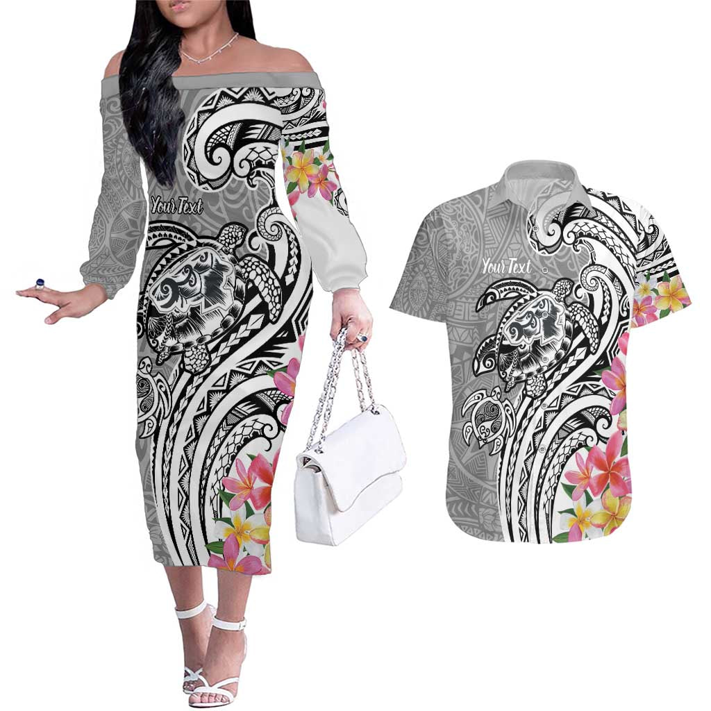 Aloha Kahoolawe Island Personalized Couples Matching Off The Shoulder Long Sleeve Dress and Hawaiian Shirt Ashen Dreamy Turtle