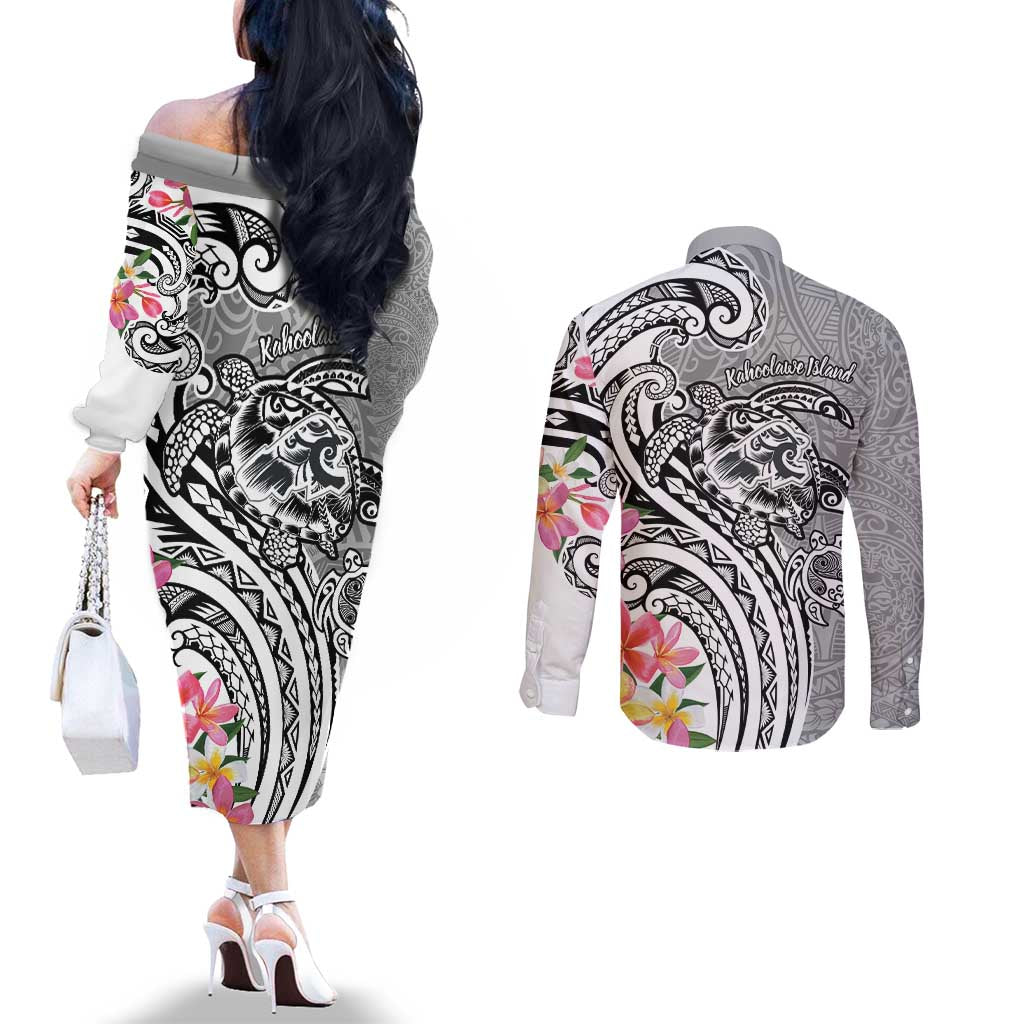 Aloha Kahoolawe Island Personalized Couples Matching Off The Shoulder Long Sleeve Dress and Long Sleeve Button Shirt Ashen Dreamy Turtle