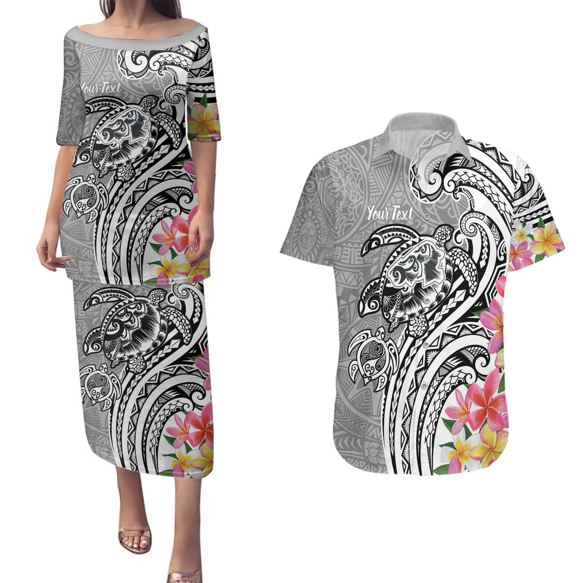 Aloha Kahoolawe Island Personalized Couples Matching Puletasi and Hawaiian Shirt Ashen Dreamy Turtle