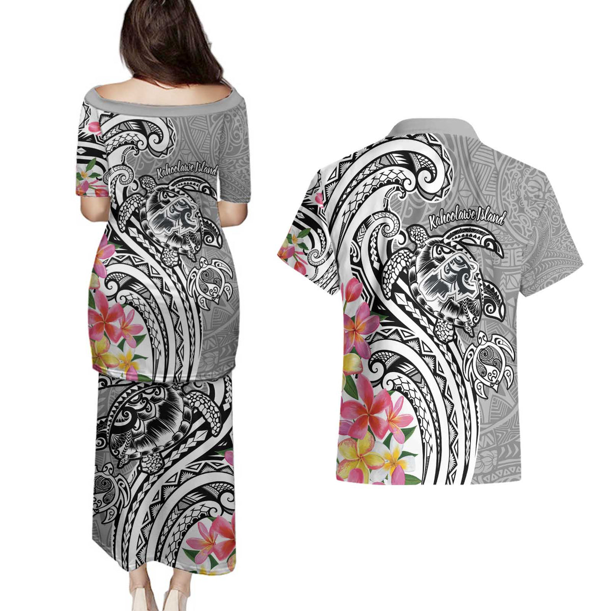 Aloha Kahoolawe Island Personalized Couples Matching Puletasi and Hawaiian Shirt Ashen Dreamy Turtle