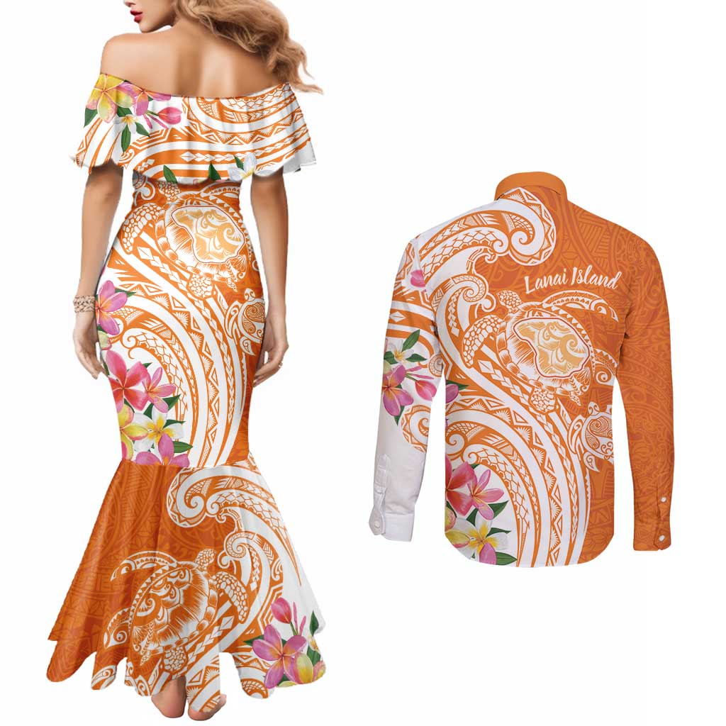 Aloha Lanai Island Personalized Couples Matching Mermaid Dress and Long Sleeve Button Shirt Orange Dreamy Turtle