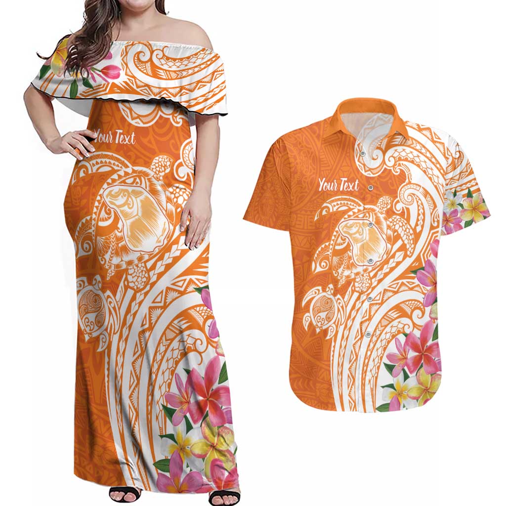 Aloha Lanai Island Personalized Couples Matching Off Shoulder Maxi Dress and Hawaiian Shirt Orange Dreamy Turtle