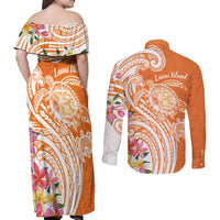 Aloha Lanai Island Personalized Couples Matching Off Shoulder Maxi Dress and Long Sleeve Button Shirt Orange Dreamy Turtle