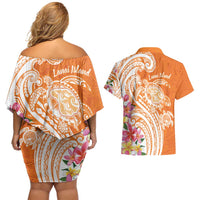 Aloha Lanai Island Personalized Couples Matching Off Shoulder Short Dress and Hawaiian Shirt Orange Dreamy Turtle