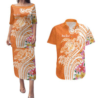 Aloha Lanai Island Personalized Couples Matching Puletasi and Hawaiian Shirt Orange Dreamy Turtle