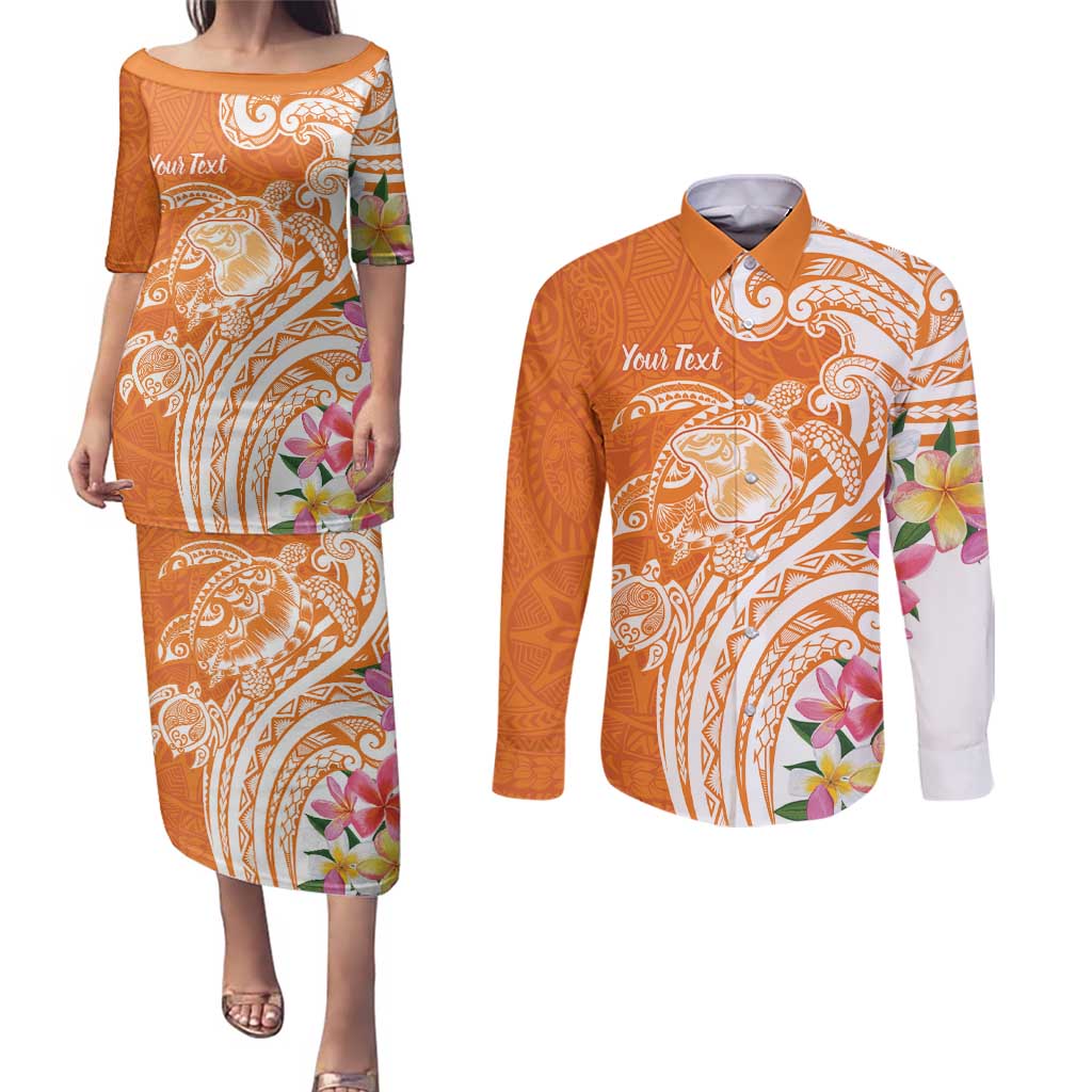 Aloha Lanai Island Personalized Couples Matching Puletasi and Long Sleeve Button Shirt Orange Dreamy Turtle LT7 Orange - Polynesian Pride