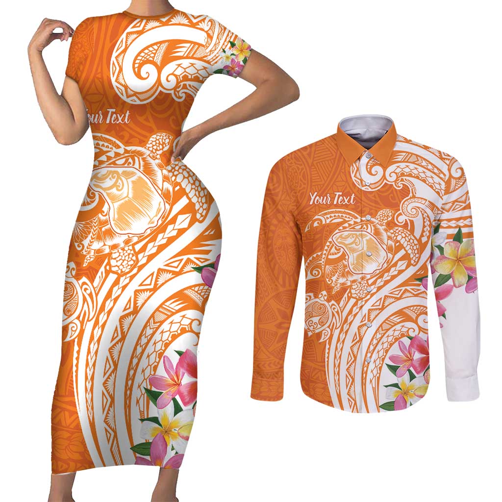Aloha Lanai Island Personalized Couples Matching Short Sleeve Bodycon Dress and Long Sleeve Button Shirt Orange Dreamy Turtle