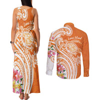 Aloha Lanai Island Personalized Couples Matching Tank Maxi Dress and Long Sleeve Button Shirt Orange Dreamy Turtle