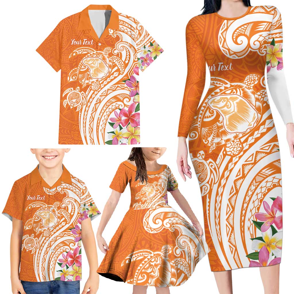 Aloha Lanai Island Personalized Family Matching Long Sleeve Bodycon Dress and Hawaiian Shirt Orange Dreamy Turtle