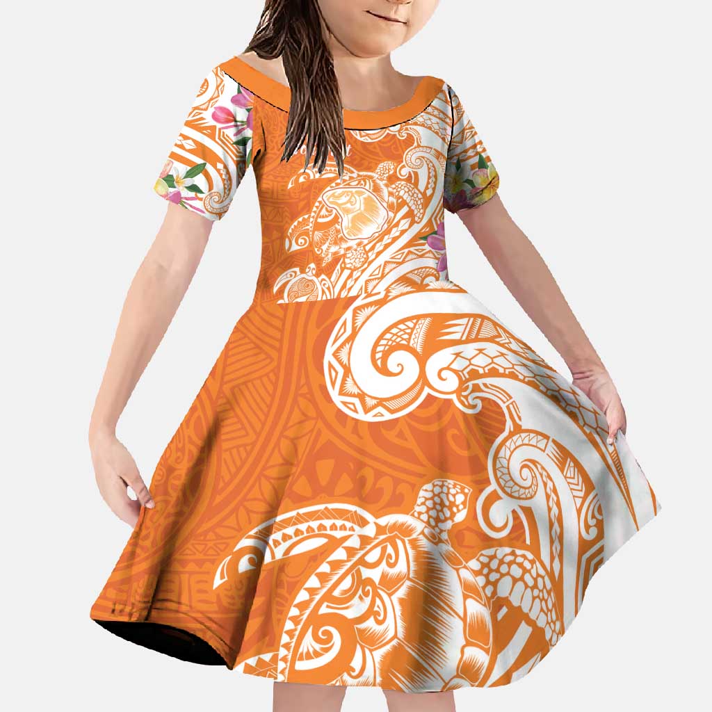 Aloha Lanai Island Personalized Family Matching Off Shoulder Maxi Dress and Hawaiian Shirt Orange Dreamy Turtle