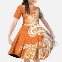 Aloha Lanai Island Personalized Family Matching Short Sleeve Bodycon Dress and Hawaiian Shirt Orange Dreamy Turtle