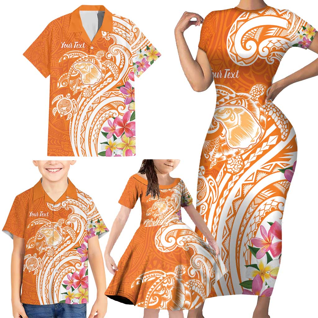 Aloha Lanai Island Personalized Family Matching Short Sleeve Bodycon Dress and Hawaiian Shirt Orange Dreamy Turtle