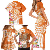 Aloha Lanai Island Personalized Family Matching Short Sleeve Bodycon Dress and Hawaiian Shirt Orange Dreamy Turtle