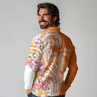Aloha Lanai Island Personalized Long Sleeve Polo Shirt Orange Dreamy Turtle