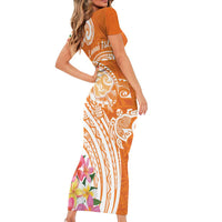 Aloha Lanai Island Personalized Short Sleeve Bodycon Dress Orange Dreamy Turtle