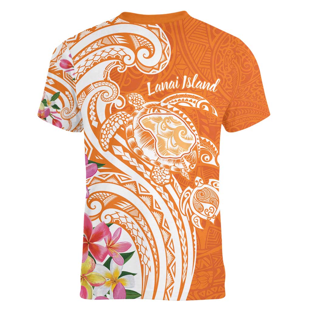 Aloha Lanai Island Personalized Women V-Neck T-Shirt Orange Dreamy Turtle LT7 - Polynesian Pride