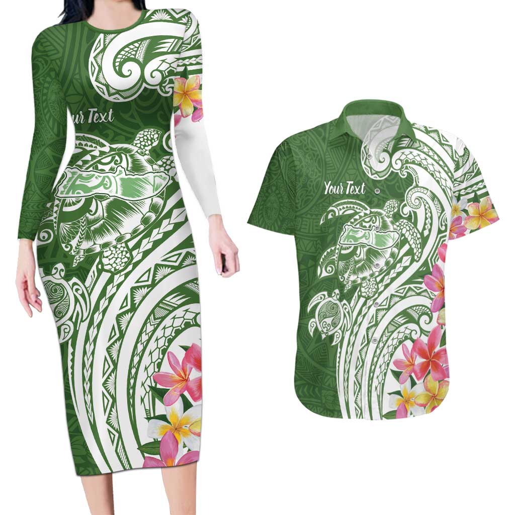 Aloha Molokai Island Personalized Couples Matching Long Sleeve Bodycon Dress and Hawaiian Shirt Sage Dreamy Turtle