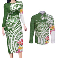 Aloha Molokai Island Personalized Couples Matching Long Sleeve Bodycon Dress and Long Sleeve Button Shirt Sage Dreamy Turtle LT7 Sage Green - Polynesian Pride