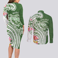 Aloha Molokai Island Personalized Couples Matching Long Sleeve Bodycon Dress and Long Sleeve Button Shirt Sage Dreamy Turtle LT7 - Polynesian Pride