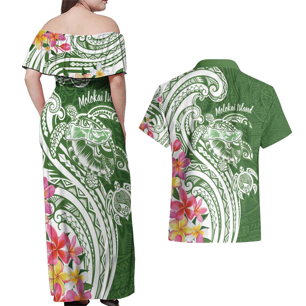 Aloha Molokai Island Personalized Couples Matching Off Shoulder Maxi Dress and Hawaiian Shirt Sage Dreamy Turtle