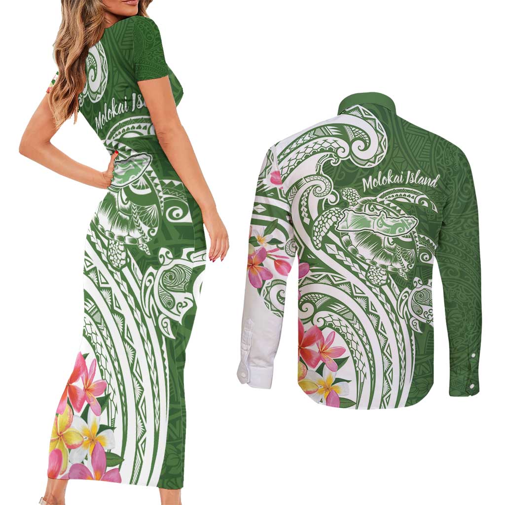 Aloha Molokai Island Personalized Couples Matching Short Sleeve Bodycon Dress and Long Sleeve Button Shirt Sage Dreamy Turtle LT7 - Polynesian Pride