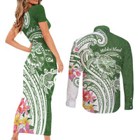 Aloha Molokai Island Personalized Couples Matching Short Sleeve Bodycon Dress and Long Sleeve Button Shirt Sage Dreamy Turtle LT7 - Polynesian Pride