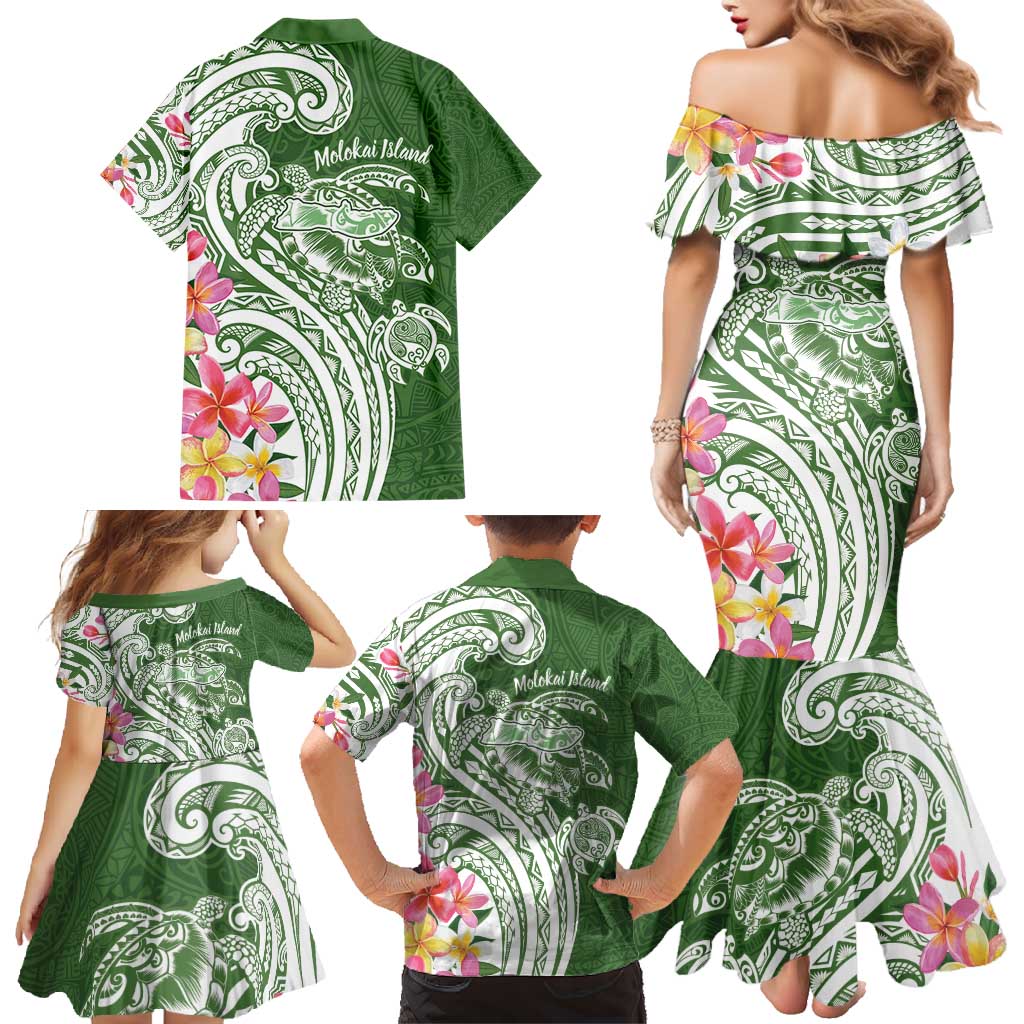Aloha Molokai Island Personalized Family Matching Mermaid Dress and Hawaiian Shirt Sage Dreamy Turtle