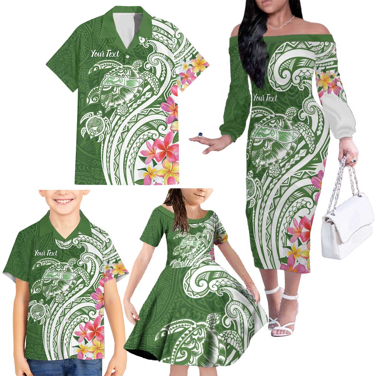 Aloha Molokai Island Personalized Family Matching Off The Shoulder Long Sleeve Dress and Hawaiian Shirt Sage Dreamy Turtle
