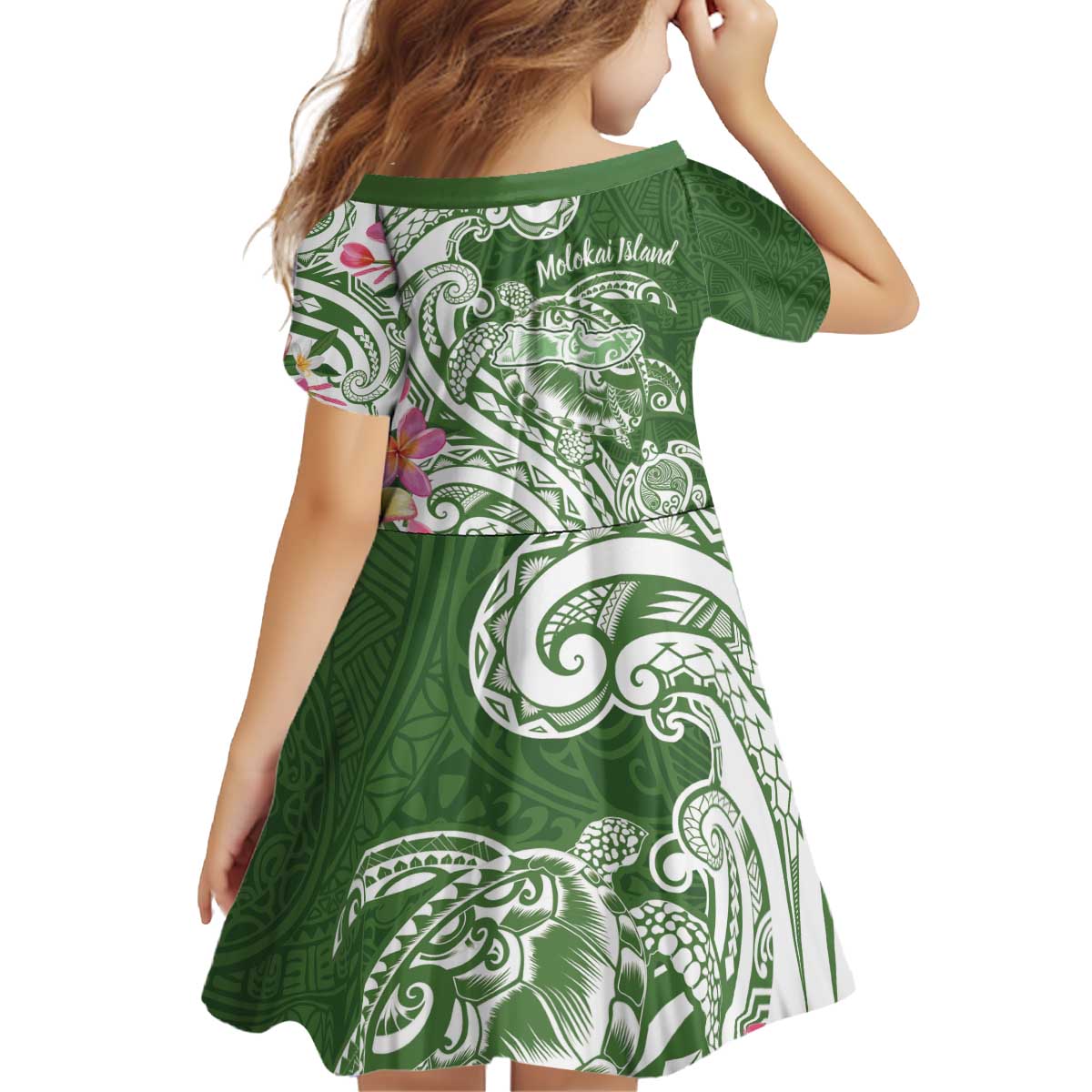Aloha Molokai Island Personalized Kid Short Sleeve Dress Sage Dreamy Turtle