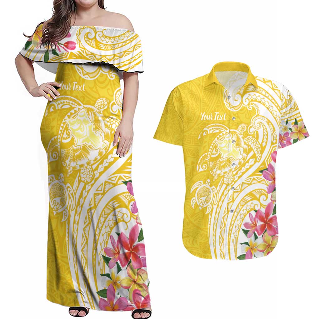 Aloha Oahu Island Personalized Couples Matching Off Shoulder Maxi Dress and Hawaiian Shirt Yellow Dreamy Turtle