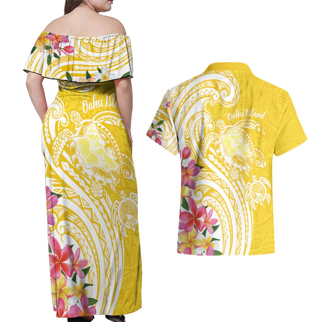 Aloha Oahu Island Personalized Couples Matching Off Shoulder Maxi Dress and Hawaiian Shirt Yellow Dreamy Turtle