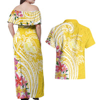 Aloha Oahu Island Personalized Couples Matching Off Shoulder Maxi Dress and Hawaiian Shirt Yellow Dreamy Turtle