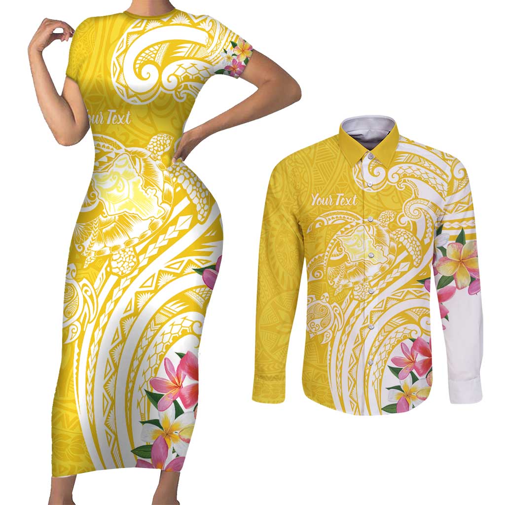 Aloha Oahu Island Personalized Couples Matching Short Sleeve Bodycon Dress and Long Sleeve Button Shirt Yellow Dreamy Turtle