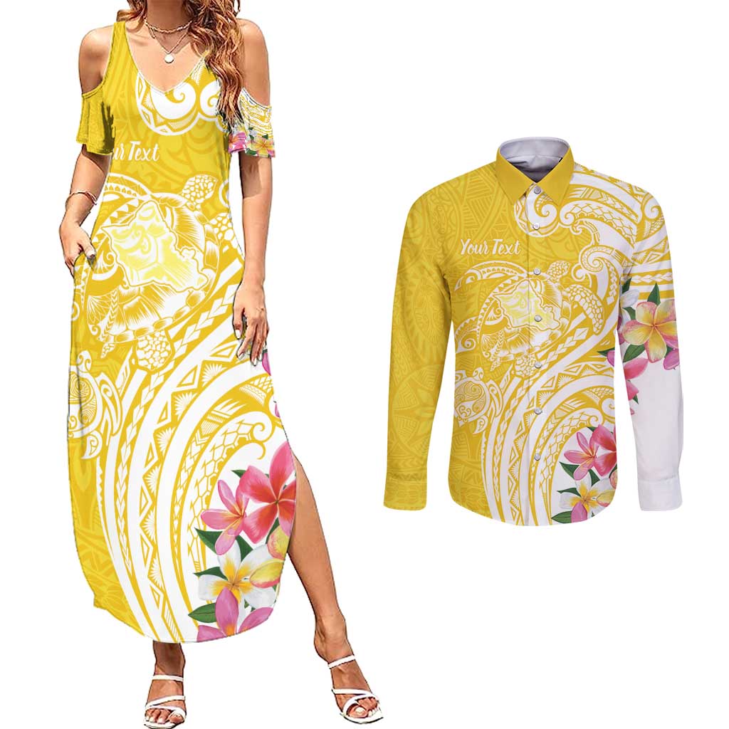 Aloha Oahu Island Personalized Couples Matching Summer Maxi Dress and Long Sleeve Button Shirt Yellow Dreamy Turtle