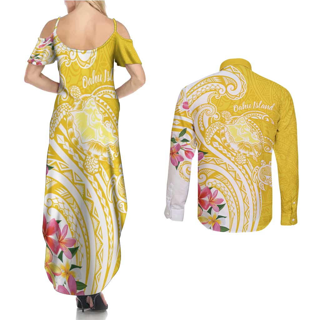 Aloha Oahu Island Personalized Couples Matching Summer Maxi Dress and Long Sleeve Button Shirt Yellow Dreamy Turtle